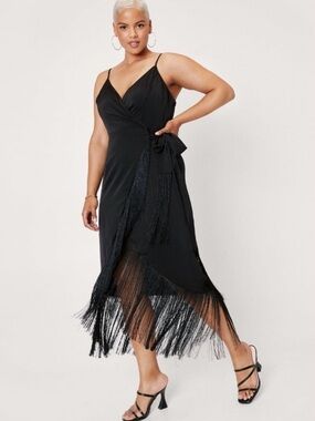 Nasty Gal Black Fringe Wrap Midi Dress